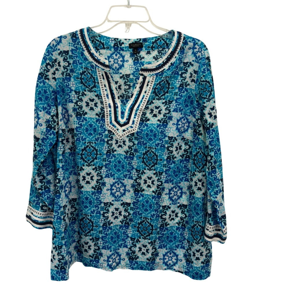 Talbots Petite Tunic Top Boho Blue White Medallion Print Cotton Split Neck XP